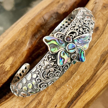 BR 15671 AB-(HANDMADE 925 BALI SILVER BUTTERFLY BRACELET WITH ABALONE)